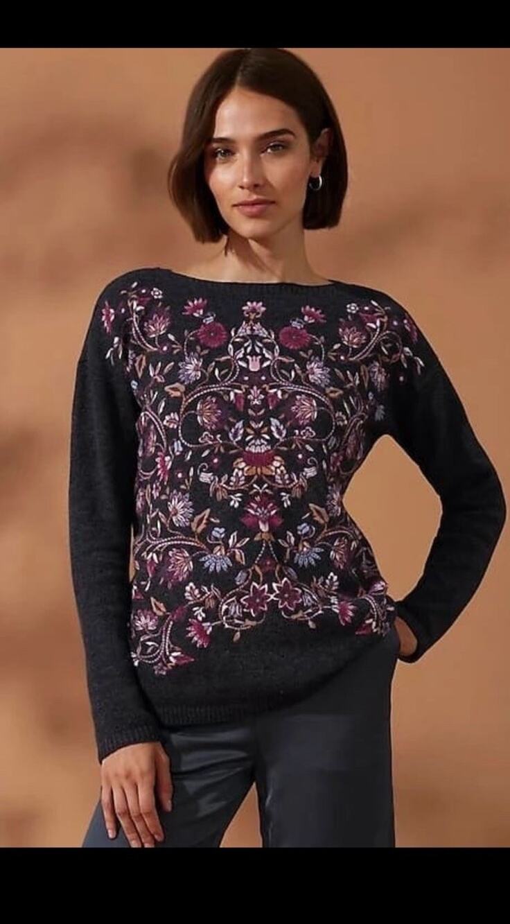 J.Jill Sz 3X Women's Enchanted Florals Grey Pink Pullover Soft Stretch Sweater